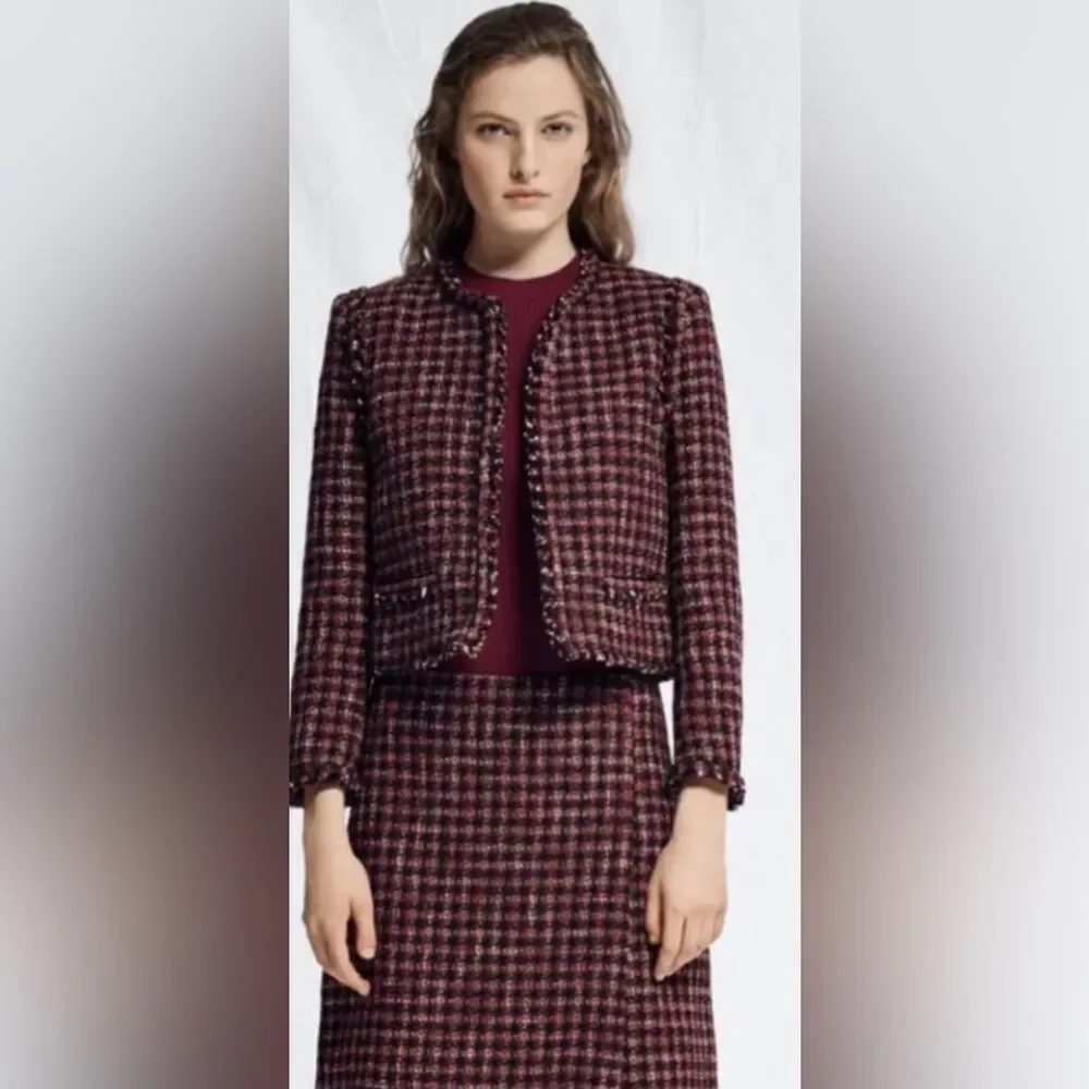 Hugo Boss Johella Modern Tweed Cotton Blend Jacket Burgundy & Black crop blazer - Picture 7 of 8